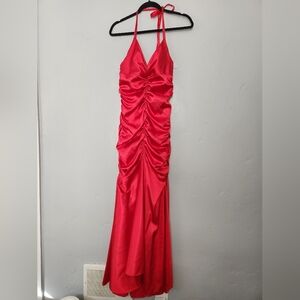 Jessica McClintok Full Length Halter Scrunch Red Satin Dress sz 6